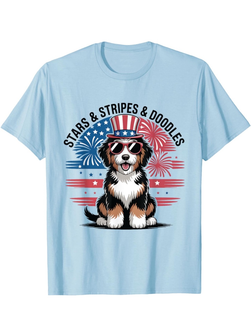 Light Blue Patriotic Dog Graphic Tee with Red & Blue Accents